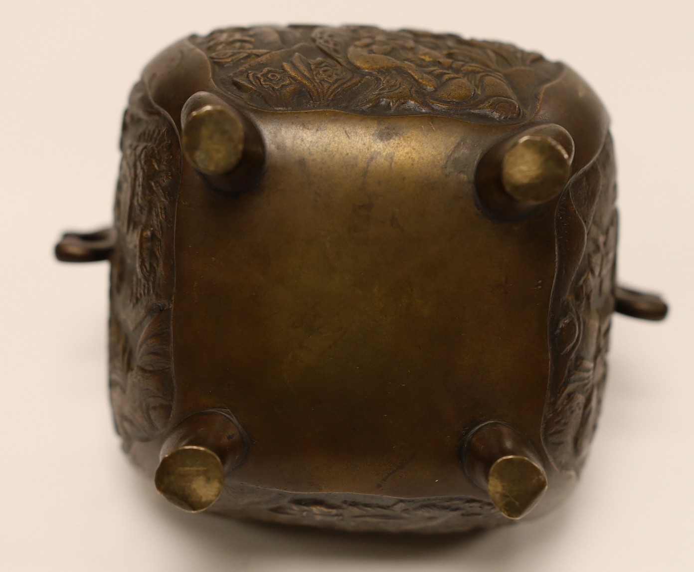 A Chinese bronze gui censer, a Japanese bronze censer and a cloisonne enamel box and cover, censer and cover 13cms high